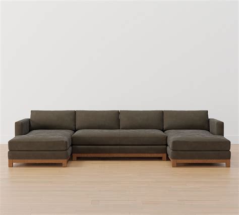 Jake Leather U Shaped Chaise Sectional With Brindle Wood Base Pottery
