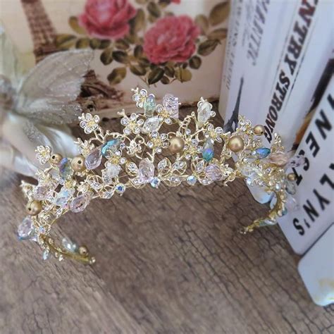 Brides Hair Jewelry Baroque Handmade Beaded Luxury Pink Gold Crowns