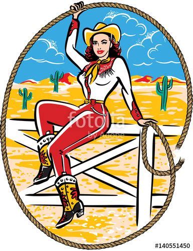 Vector Retro Western Cowgirl Sitting On A Fence Twirling A Rope