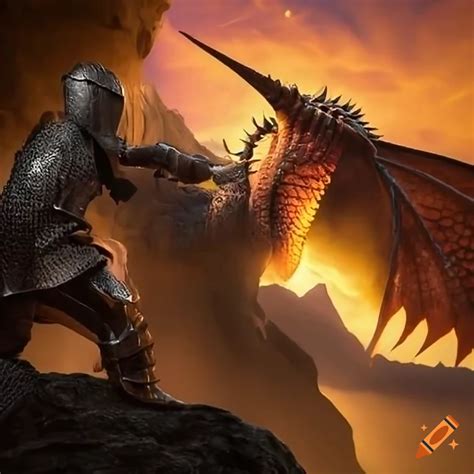 Artwork Of A Knight Battling A Dragon On A Cliff On Craiyon