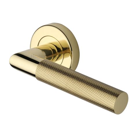 Heritage Brass Door Handle Lever Latch On Round Rose Bauhaus Mitre Knurled Design Polished Brass