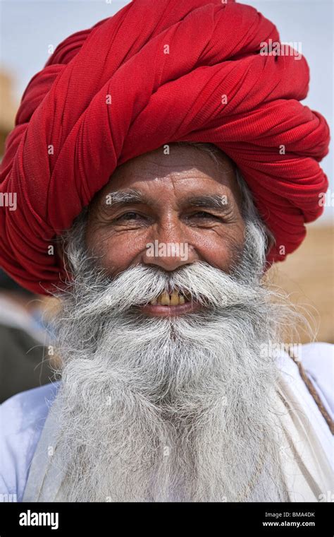 Indian Man With Big Turban And Long Beard Khuri Village Rajasthan