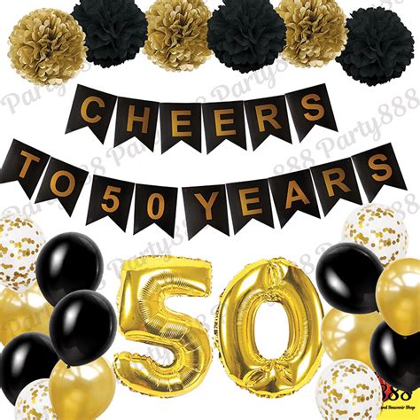 Cheers To 50 Years Banner 50th Birthday Decoration Set Gold Black