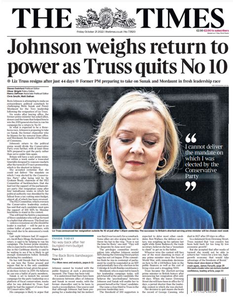 Times Front Page 21st Of October 2022 Tomorrows Papers Today