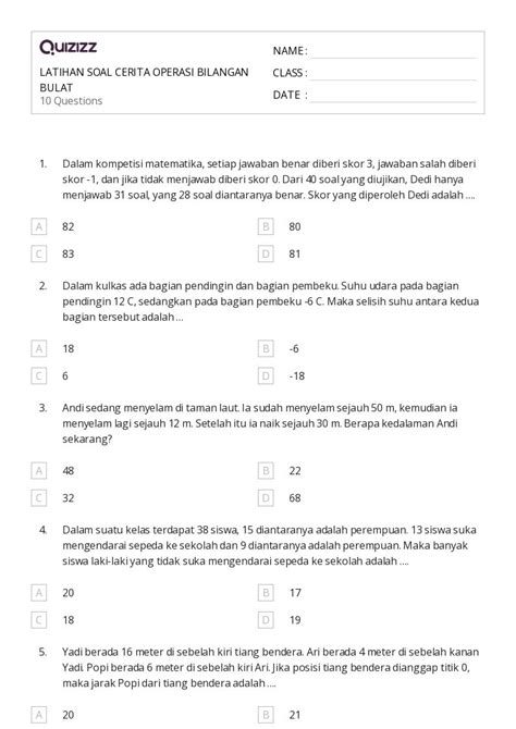 Soal Cerita Operasi Hitung Bilangan Bulat Quizizz