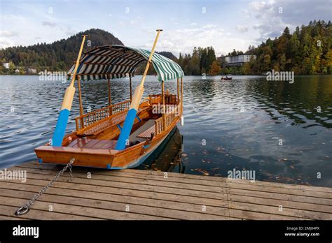 Traditional Wooden Touristic Rowing Boats On Lake Bled Slovenia Stock