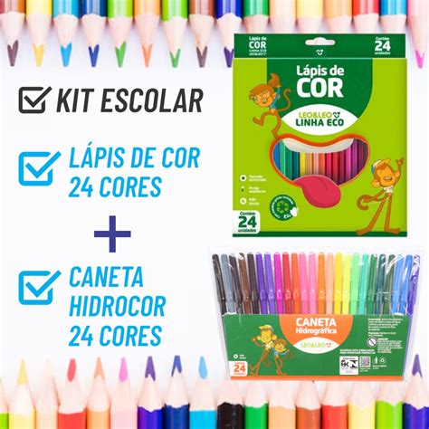 kit Escolar Lápis de Cor 24 cores Canetinha Caneta Hidrográfica 24