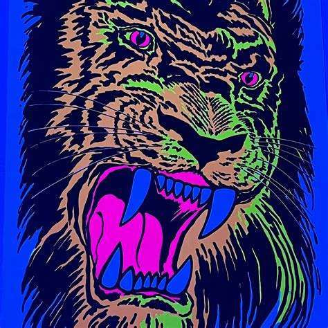 1970s Black Light Poster Of Roaring Lion 1976 Funky Enterprises Mad