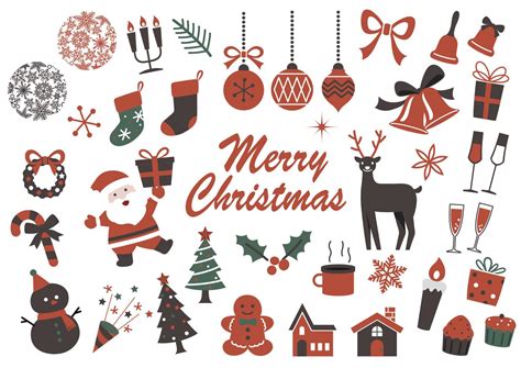 Christmas Elements Vector Flat Illustration Set Isolated On A White