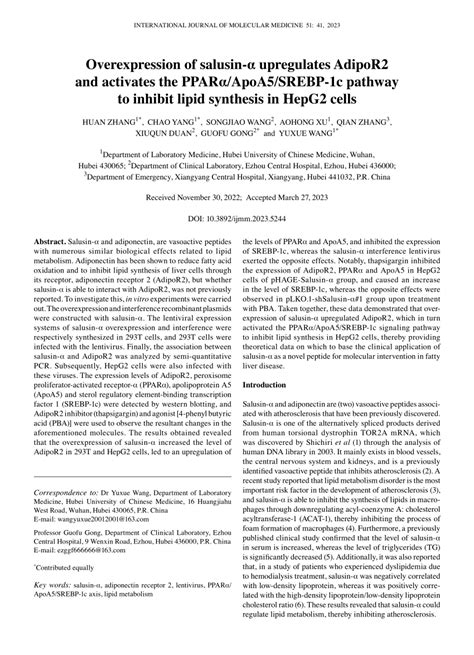 PDF Overexpression of salusinα upregulates AdipoR2 and activates the