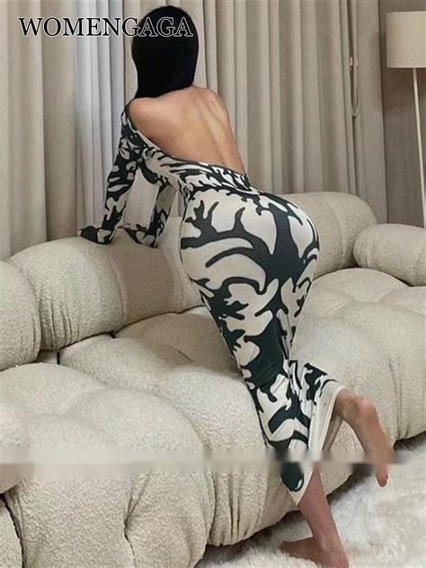 Womengaga Sexy Backless Printed Long Sleeve Slim Sheath Hip Maxi Long