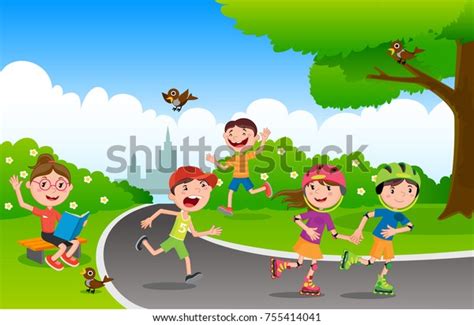 Vector Illustration Of Happy Children Playing In Playground Children