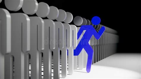 Human D Blue Stick Figure Standing Out From Crowd D Illustration