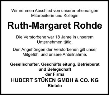 Traueranzeigen Von Ruth Margaret Rohde Trauer Anzeigen De