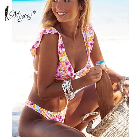 Aliexpress Buy Miyouj Sexy Floral Bikini Push Up Shoulder Ruffle
