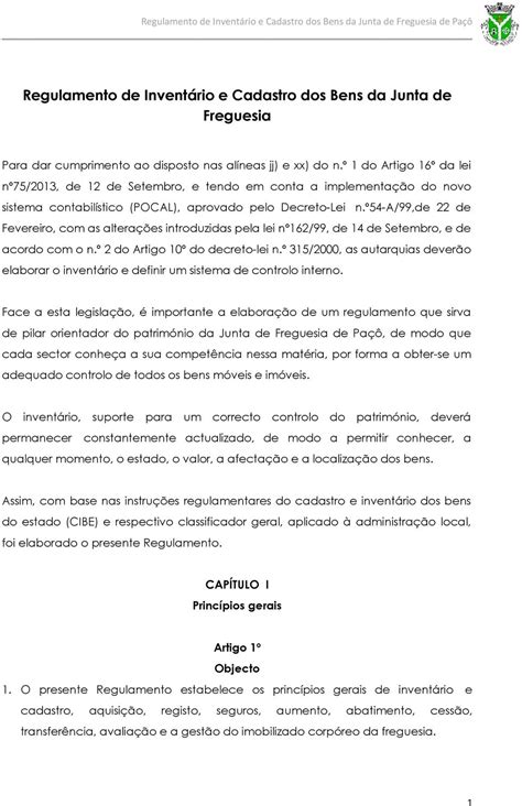 Regulamento De Invent Rio E Cadastro Dos Bens Da Junta De Freguesia