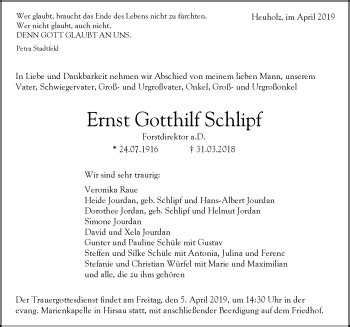 Traueranzeigen Von Ernst Gotthilf Schlipf Forstdirektor A D