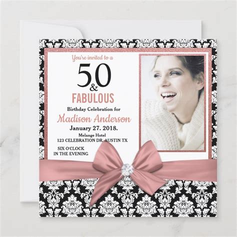 Rose Gold Bow Black Damask 50th Birthday Photo Invitation Zazzle