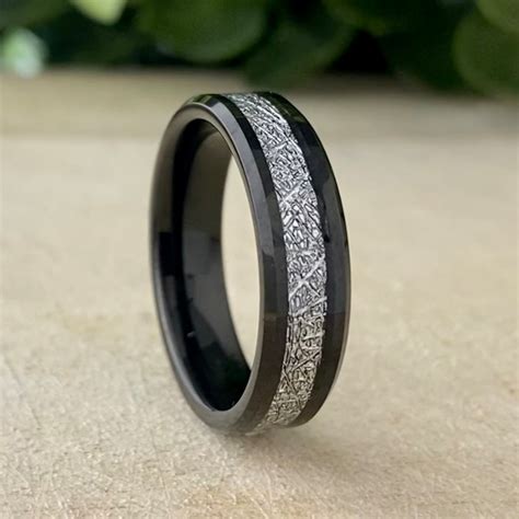 Meteorite Black Tungsten Ring Men Women Wedding Band Beveled 6MM Size 5 ...