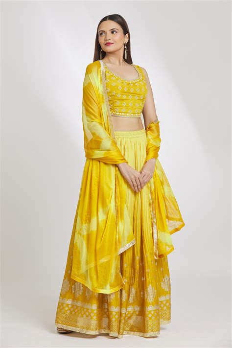 Buy Yellow Chinnon Silk Embroidered Resham Round Zari Lehenga Set For