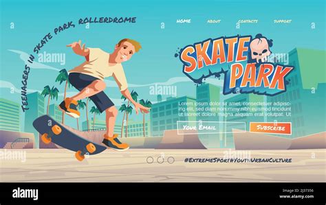 Skate Park Cartoon Landing Page With Teenager At Rollerdrome Perform