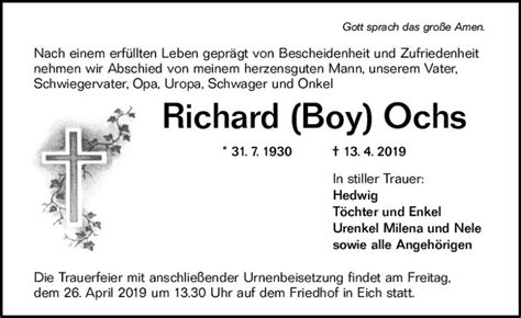 Traueranzeigen Von Richard Ochs Vrm Trauer De