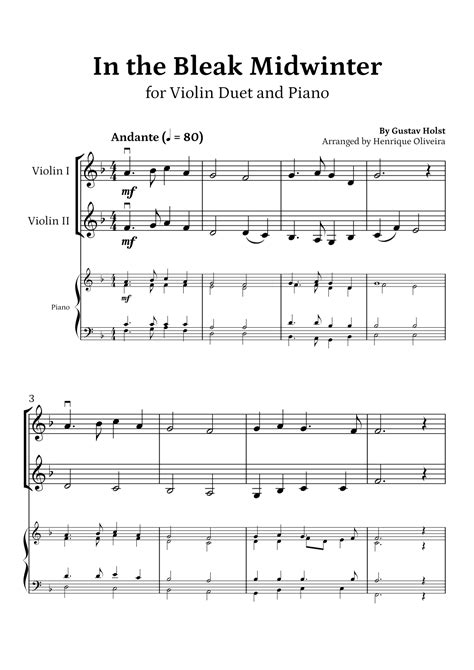 In The Bleak Midwinter Violin Duet And Piano Beginner Level Arr