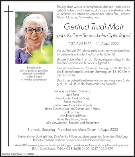 Traueranzeigen Von Gertrud Trudi Mair Trauer Bz