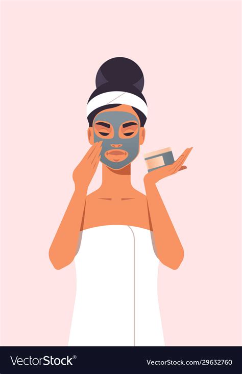 Young Woman Applying Black Face Mask Dressed Vector Image