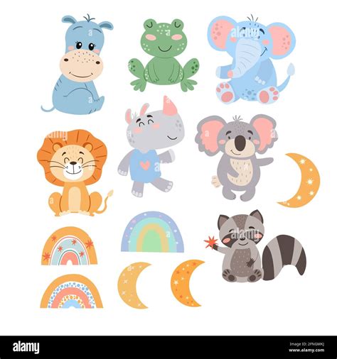 Set Of Cute Cartoon Animals Rainbows And Moons In Vector Graphics