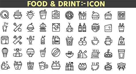 Conjunto De 50 Iconos De Contorno Relacionados Con Alimentos Y Bebidas