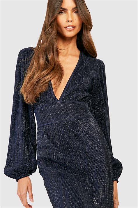 Metallic Plisse Plunge Midaxi Dress Boohoo Uk