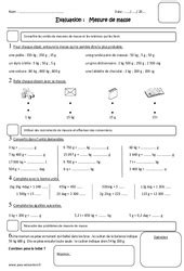 Examen Masse g kg 4eme Primaire Bilan et controle corrigé pdf à