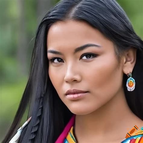 Close Up Portrait Of A Beautiful Young Native American With Dark Hair