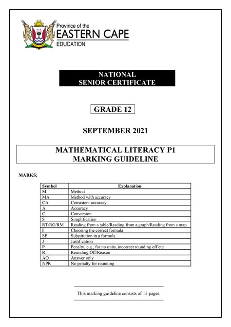 Maths Lit P Gr Memo Sept English National Senior Certificate