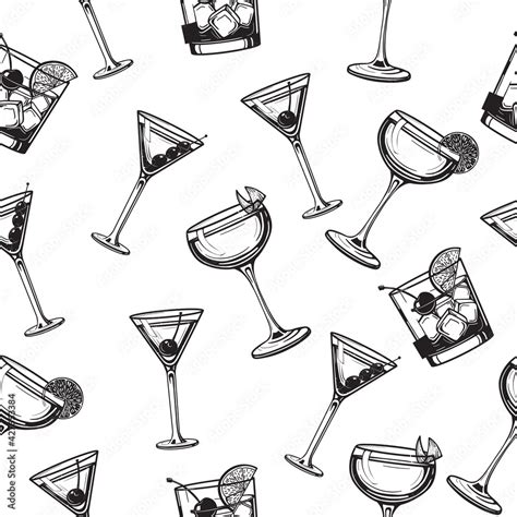 Cocktails Seamless Pattern Alcoholic Daiquiri Old Fashioned Manhattan