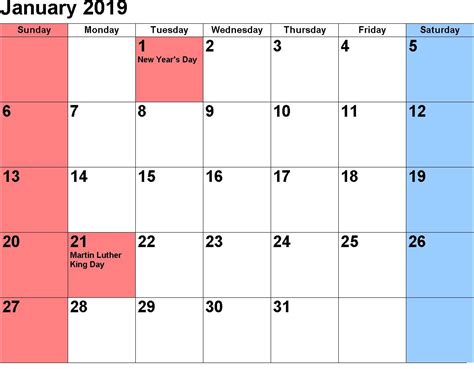 January 2019 Calendar With Holidays Bmp U