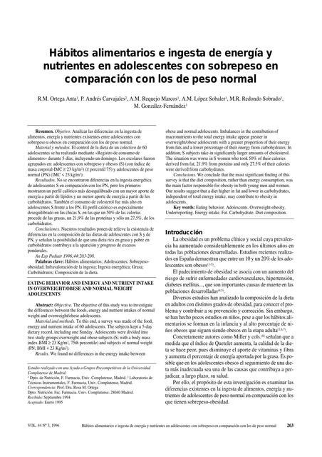 Hábitos Alimentarios Ingesta De Energía Nutrientes En Adolescentes Con Sobrepeso Nutrición Y