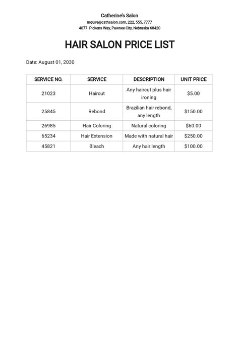 Free Salon Price List Template