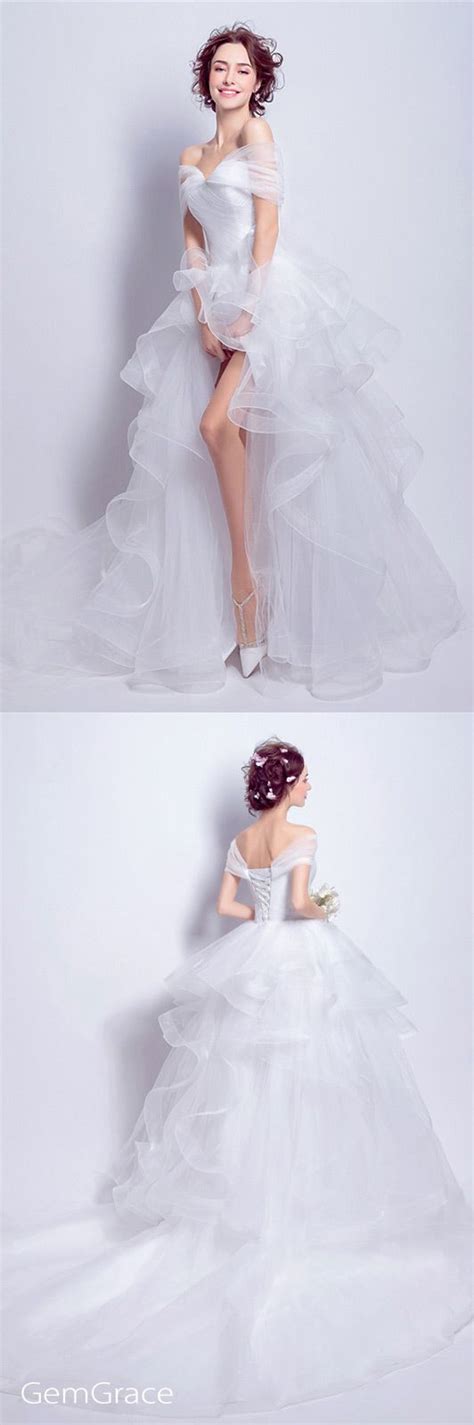 178 99 Off Shoulder High Low Wedding Dresses With Train Tulle