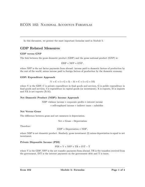 Formula Module 5 Econ ECON 102 National Accounts Formulas In This