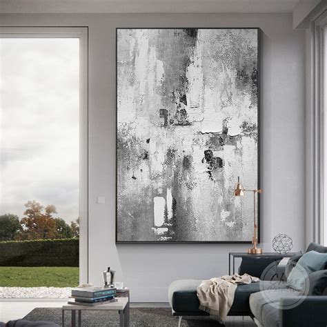 Black White Minimalist Abstract Painting Extra Large Vertical Gray