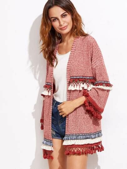 Red Marled Knit Cardigan With Embroidered Tape And Fringe Detail Shein