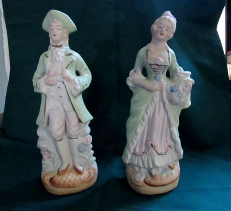 Occupied Japan Porcelain Bisque Colonial Man Woman Figurines WWII