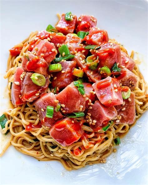 Spicy Ahi Tuna Poké Over Sesame Rice Noodles