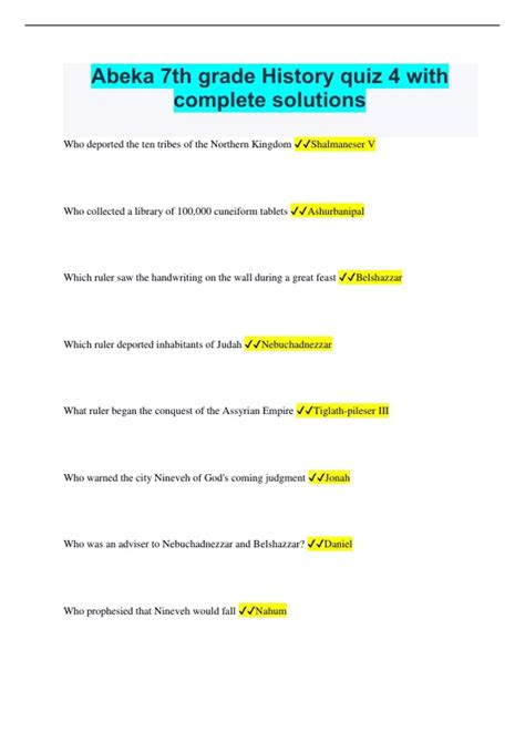 Abeka 7th Grade History Quiz 4 With Complete Solutions Abeka 7th