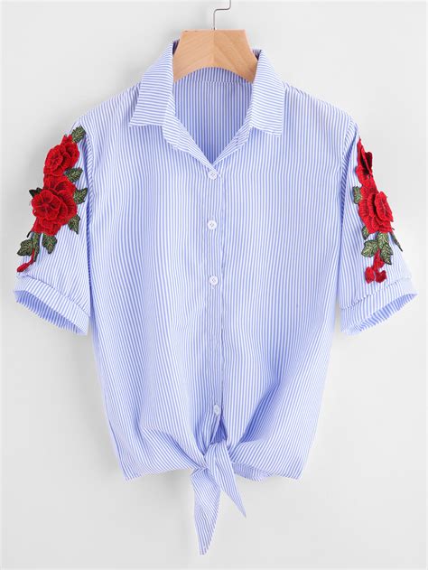 Embroidered Appliques Pinstripe Knot Hem Blouse Shein Sheinside