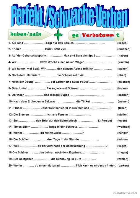 Perfekt Schwache Regelmaessig English ESL Worksheets Pdf Doc