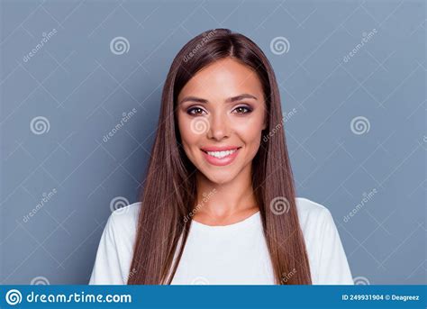 Portrait Of Satisfied Glad Young Lady Toothy Beaming Smile Look Camera