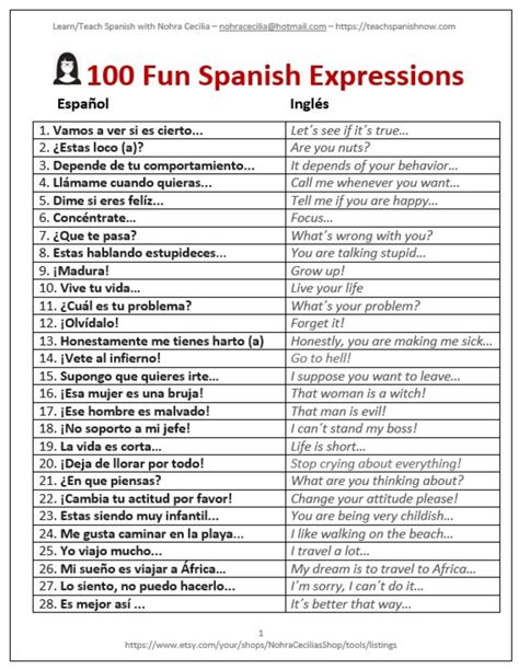 100 Fun Spanish Phrases Etsy UK